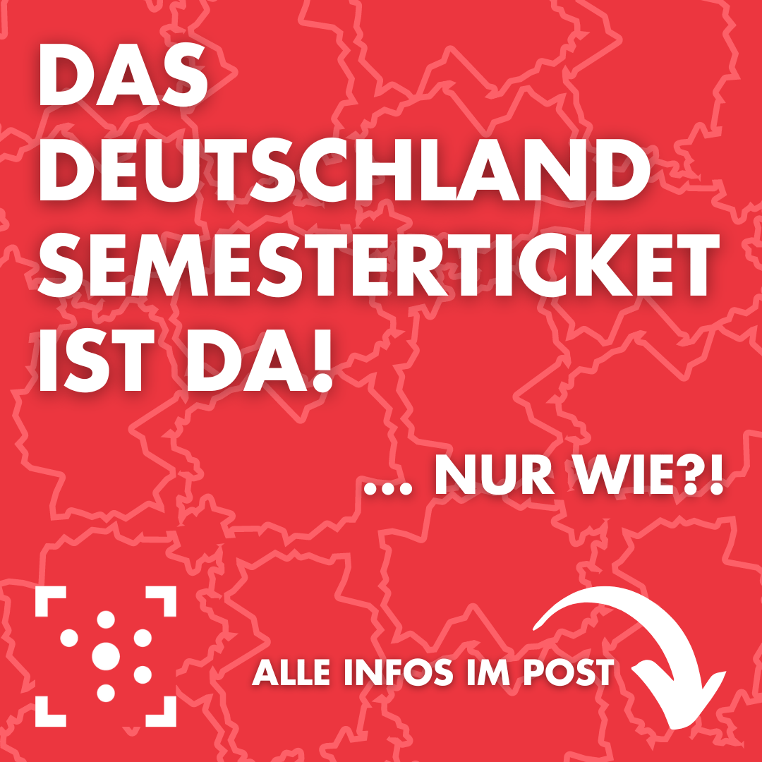 Der Hintergrund ist ein knalliges rot, in hellerem rosa sind die Umrisse Deutschlands wie mehrere Puzzleteile zusammengefügt. In großen weißen Buchstaben steht "Das Deutschland Semesterticket ist da!" - darunter, etwas kleiner schließt sich "Nur wie?!" an. Am unteren Bildrand ist das Logo der Studierendenrates der Martin-Luther-Universität Halle-Wittenberg zu sehen. Daneben steht ebenfalls in weiß "Alle Infos im Post" und ein Pfeil zeigt auf den unteren Bildrand.