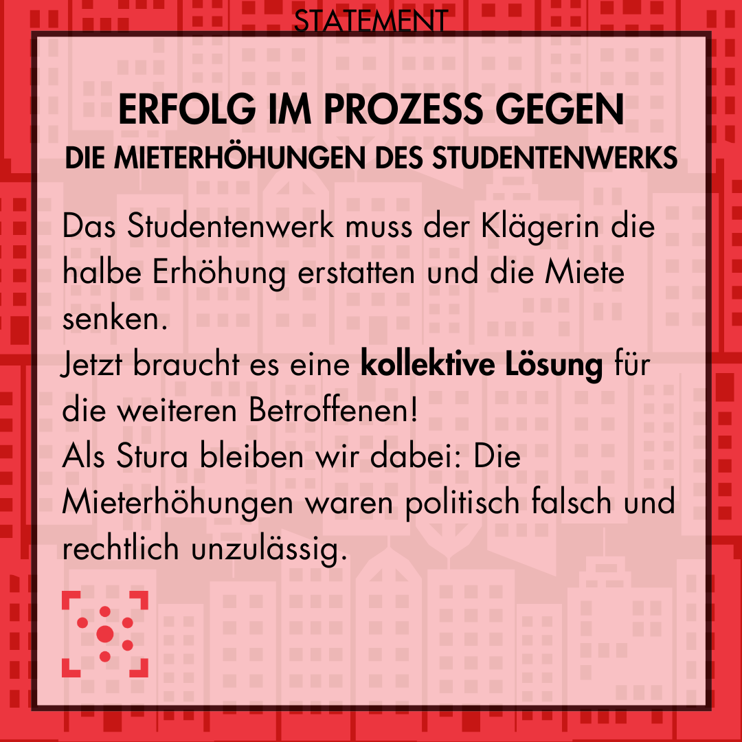 Im Hintergrund sind in verschiedenen Rottönen rechteckige Wohnblocks dargestellt. Darüber steht in schwarz als Überschrift: "Erfolg im Prozess gegen die Mieterhöhungen des Studentenwerks". Der Text darunter: "Das Studentenwerk muss der Klägerin die halbe Erhöhung erstatten und die Miete senken. Jetzt braucht es eine kollektive Lösung für die weiteren Betroffenen! Als Stura bleiben wir dabei: Die Mieterhöhungen waren politisch falsch und rechtlich unzulässig." Darunter ist das Logo des Studierendenrates der Uni Halle.