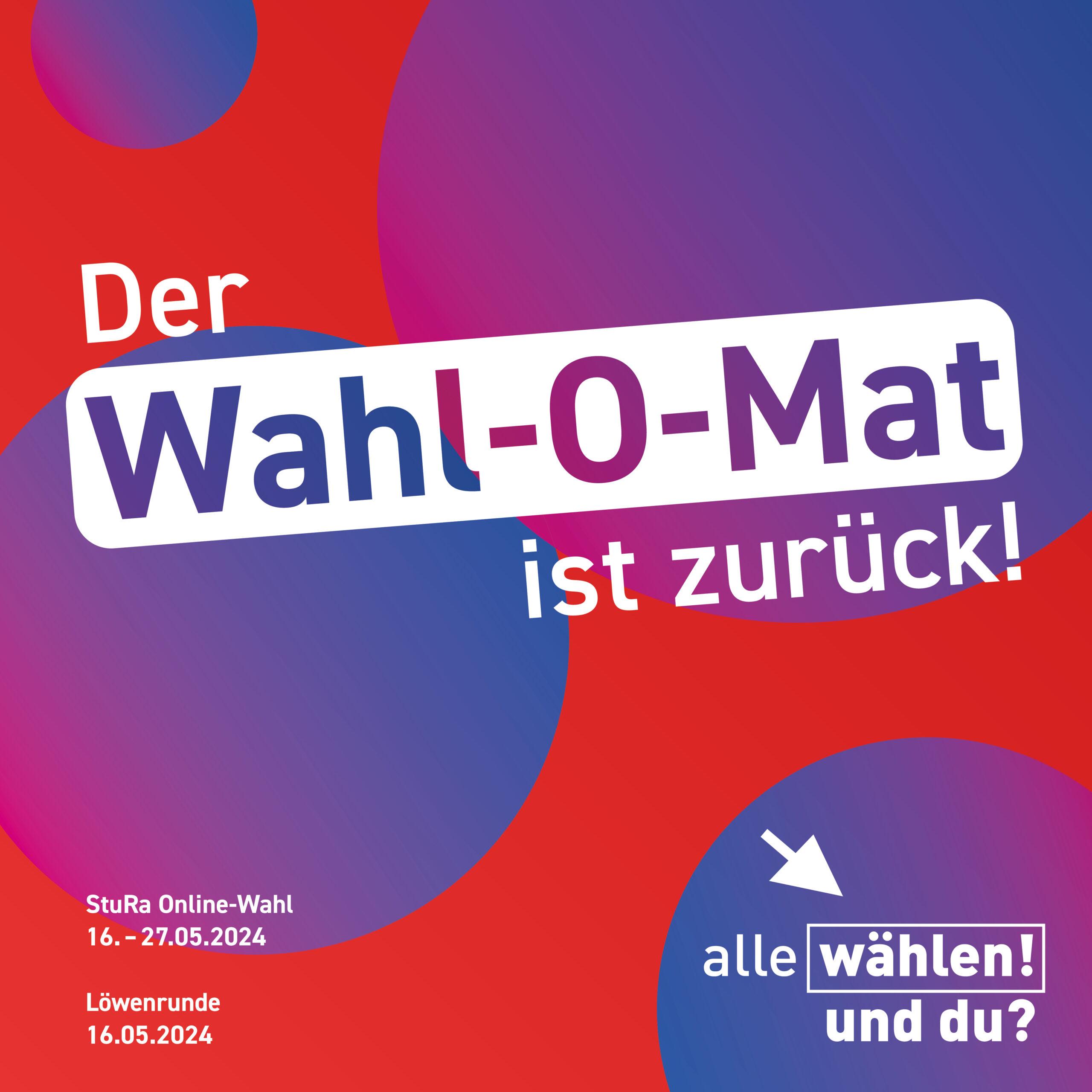 Der Hintergrund ist rot mit mehreren blau-pinken Kreisen. In weiß steht mittig "Der Wahl-O-Mat ist zurück!" Darunter stehen kleiner folgende Infos: "StuRa Online-Wahl 16.-27.05.2024, Löwenrunde 16.05.2024"