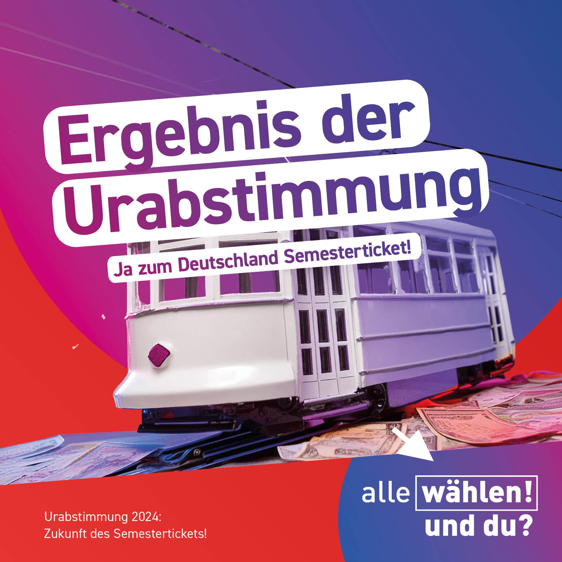 Der Hintergrund ist rot mit blau-pinken Kreisen. Davor ist eine weiße Spielzeug-Straßenbahn, neben der Geldscheine liegen. Der Text von oben nach untern: "Ergebnis der Urabstimmung - Ja zum Deutschland Semesterticket!"