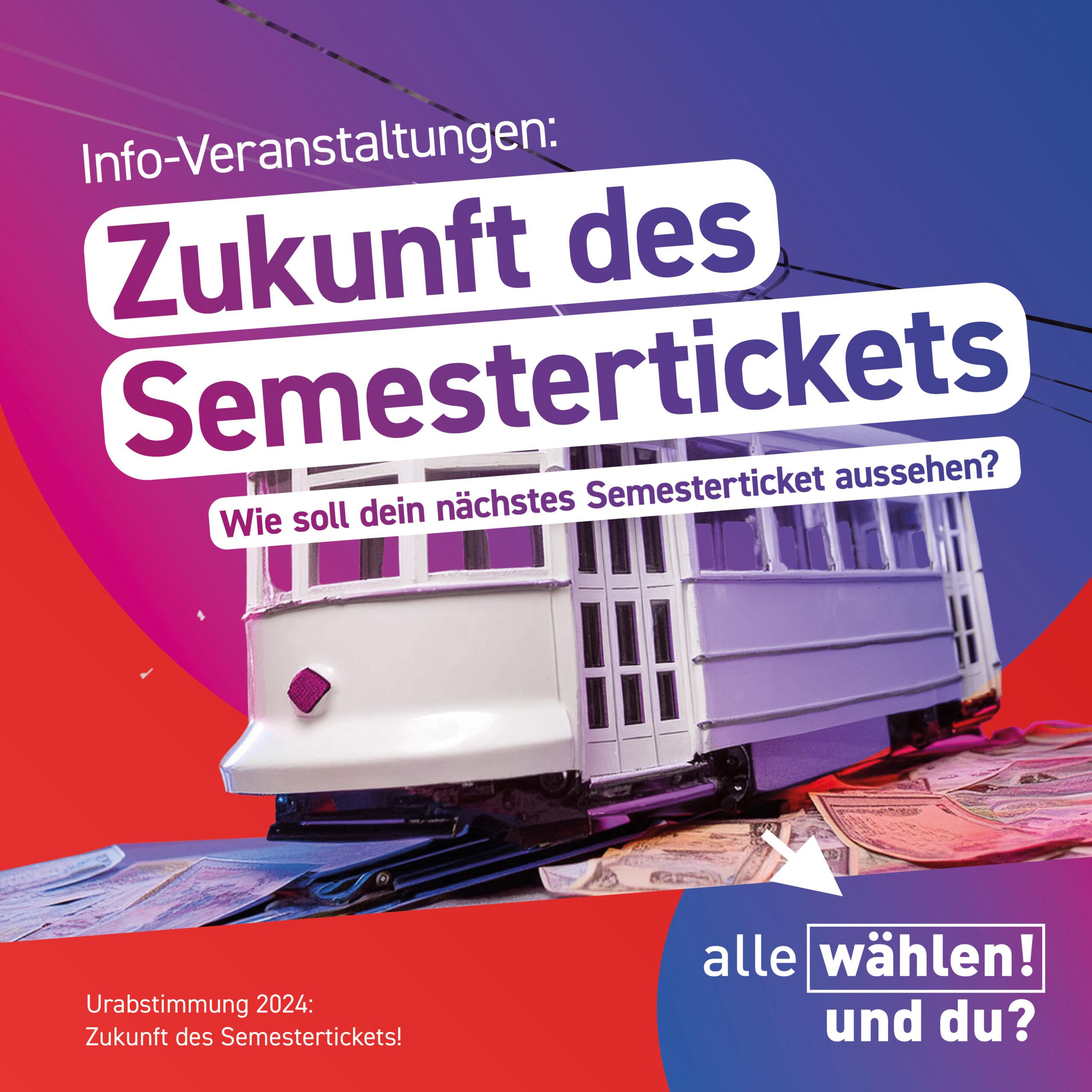 Der Hintergrund ist rot mit blau-pinken Kreisen. Davor ist eine weiße Spielzeug-Straßenbahn, neben der Geldscheine liegen. Der Text von oben nach untern: "Info Veranstaltung: Zukunft des Semestertickets Wie soll dein nächstes Semesterticket aussehen?"
