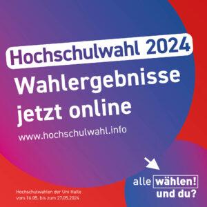 Der Hintergrund ist rot mit blau-pinken Kreisen. Die Überschrift ist "Hochschulwahl 2024 - Wahlergebnisse jetzt online" Darunter steht "www.hochschulwahl.info"