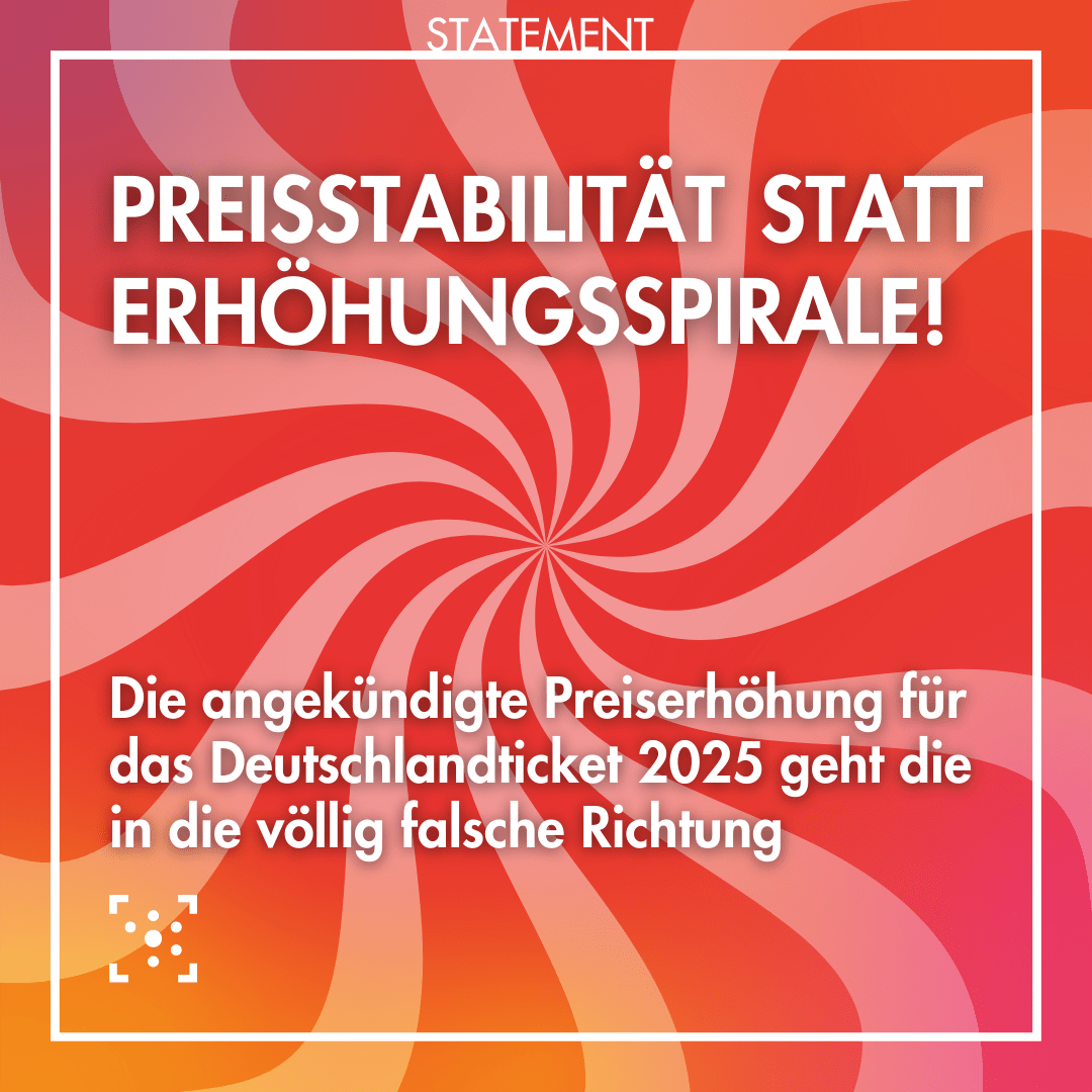 Im Hintergrund des Bildes ist eine Spirale aus roten und weißen, wabernden Streifen, die am Rand mit durchsichtigen gelben und pinken Farbflecken überlagert sind. Darüber ist ein weißer Rahmen, auf dem "Statement" steht. In der Mitte steht: "Preisstabilität statt Erhöhungsspirale! Die angekündigte Preiserhöhung für das Deutschlandticket 2025 geht die in die völlig falsche Richtung" Darunter ist das Stura Logo.