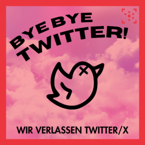 Im Hintergrund ist ein rot überlagerter Himmel mit Wolken. Davor ist eine cmichafte Zeichnung des Twitter-Vogels, aber über dem Auge ist ein X. Darüber steht "Bye bye Twitter" und darunter "Wir verlassen Twitter/X"