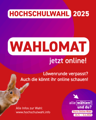 Der Hintergrund ist rot mit blau-pinken Kreisen. Darauf steht: "Hochschulwahl 2025 - Wahlomat jetzt online! Löwenrunde verpasst? Auch die könnt ihr online schauen!" Am linken Bildrand schaut ein Eichhörnchen frech um die Ecke.