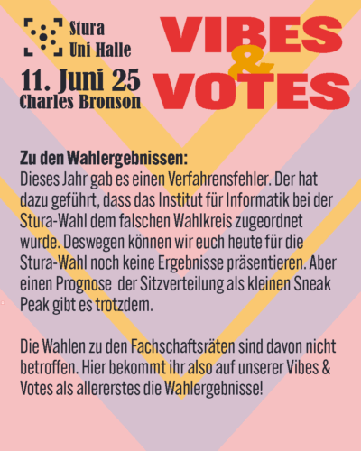 Zu den Wahlergebnissen: Dieses Jahr gab es einen Verfahrensfehler. Der hat dazu geführt, dass das Institut für Informatik bei der Stura-Wahl dem falschen Wahlkreis zugeordnet wurde. Deswegen können wir euch heute für die Stura-Wahl noch keine Ergebnisse präsentieren. Aber einen Prognose der Sitzverteilung als kleinen Sneak Peak gibt es trotzdem. Die Wahlen zu den Fachschaftsräten sind davon nicht betroffen. Hier bekommt ihr also auf unserer Vibes & Votes als allererstes die Wahlergebnisse!